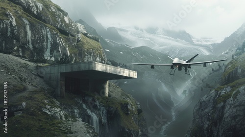 A combat drone launching from a concealed bunker, hidden within a mountainous region photo