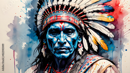 This watercolor painting portrays a native chief, showcasing his face with reverence for tribal tradition. The art highlights the sacred and indigenous heritage, celebrating the head of the tribe.