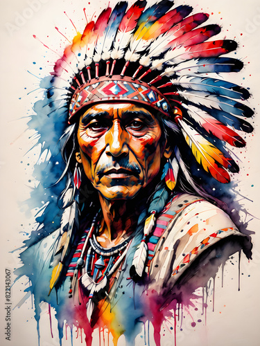 Admire the sacred tradition in this watercolor portrait of a native chief. The detailed depiction of the tribal head emphasizes the beauty and strength of indigenous culture and leadership.