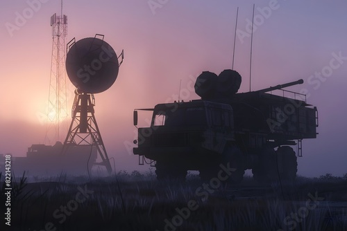 Silhouette of Military Air Defense System and Abandoned Truck at Dawn photo