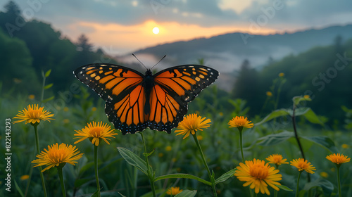 A photo of a viceroy butterfly, with a misty mountain backdrop as the background, during a dawn hike