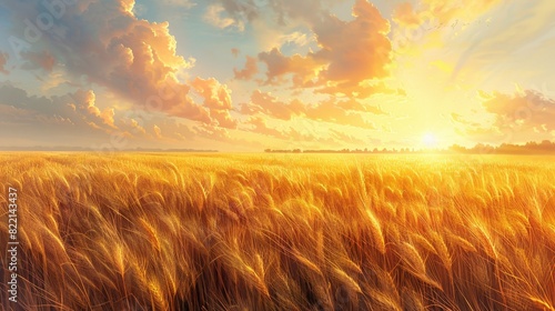 A peaceful wheat field at sunrise, with the golden crops glowing in the early light. The swaying wheat and the soft colors of dawn create a tranquil and minimalist scene that celebrates the start of