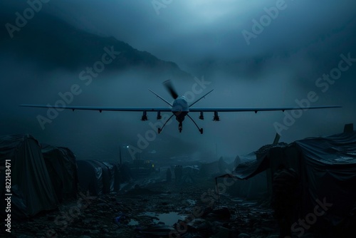 A drone silently observing an enemy encampment from a high altitude shrouded in darkness photo