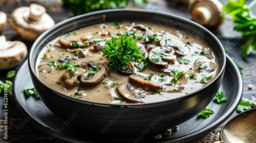 Bowl of Mushroom Soup on Black Plate Bowl of Mushroom Soup on Black Plate