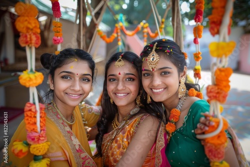 Joyful Indian Women Celebrating Hariyali Teej Festival on Flower-Adorned Swings photo