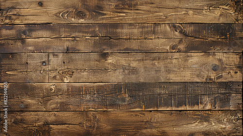 A detailed top view of a rough, brown wooden plank surface with deep grooves and a natural, worn look, ideal for a vintage background