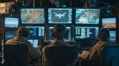 A ground control station: technicians and pilots remotely operating a combat drone on multiple screens photo