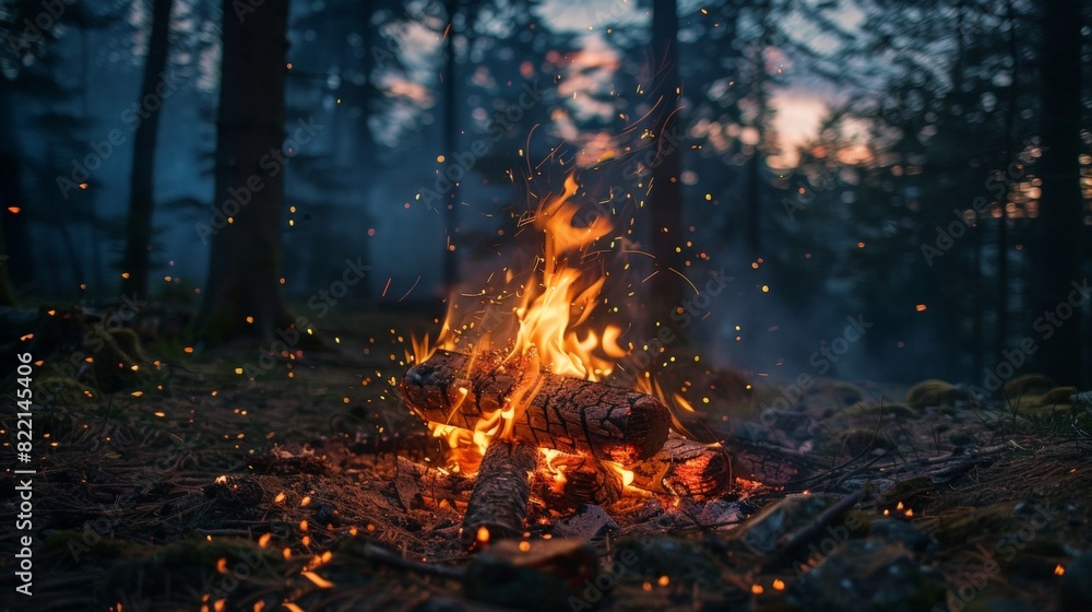 a small burning bonfire with sparks in the night forest a small burning bonfire with sparks in the night forest
