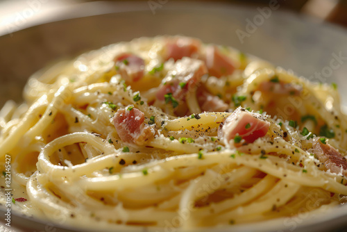 Close-up image of dish of Spaghetti Carbonara, Italian cuisine, typical italian recipe of pasta with guanciale, egg ad pecorino romano cheese. Traditional italian cuisine. Generative AI