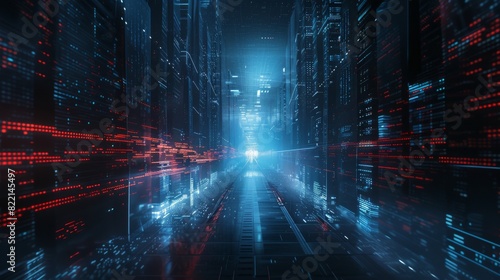 Digital data flow in a futuristic city for technology or science fiction design