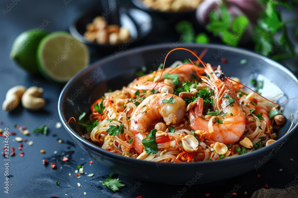 Pad thai, Stir fry noodles with shrimp, vegetables, garnished with lime and peanuts, traditional thai food. Food and cuisine concept for poster or menu restaurant, Banner website, Ads. Generative AI Pad thai, Stir fry noodles with shrimp, vegetables, garnished with lime and peanuts, traditional thai food. Food and cuisine concept for poster or menu restaurant, Banner website, Ads. Generative AI