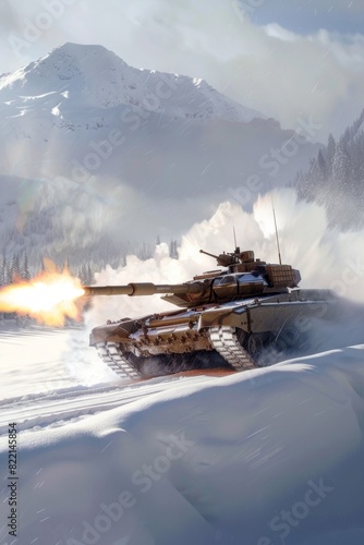 A hyper-realistic illustration of an Military tank M1 Abrams firing its main gun on a snowy mountainside 