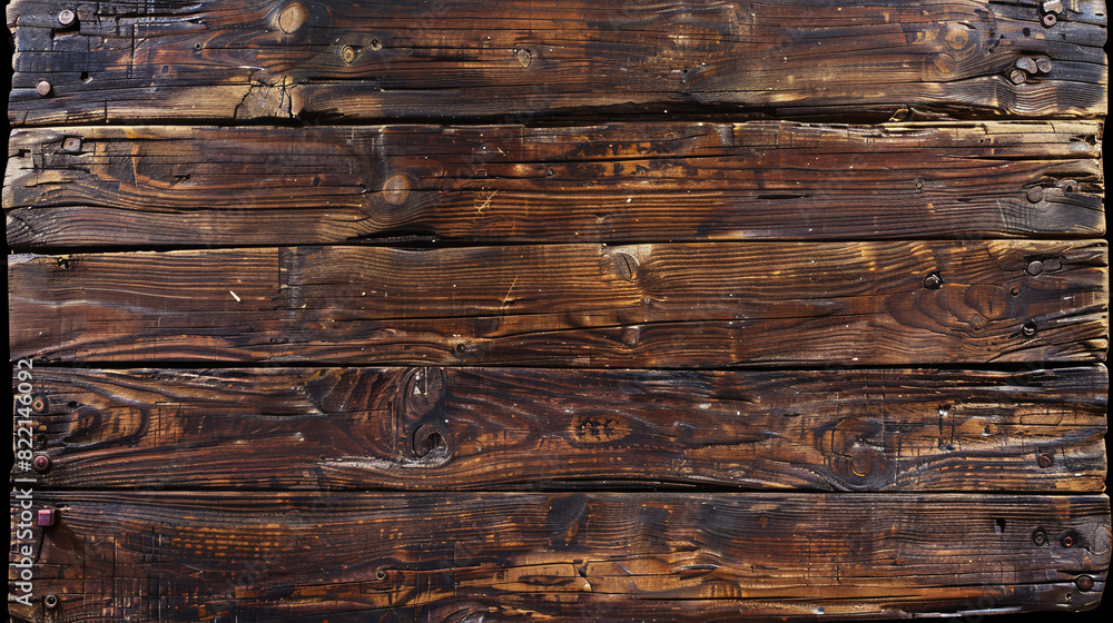 Naklejka premium A detailed top view of a rough, brown wooden plank surface with deep grooves and a natural, worn look, ideal for a vintage background