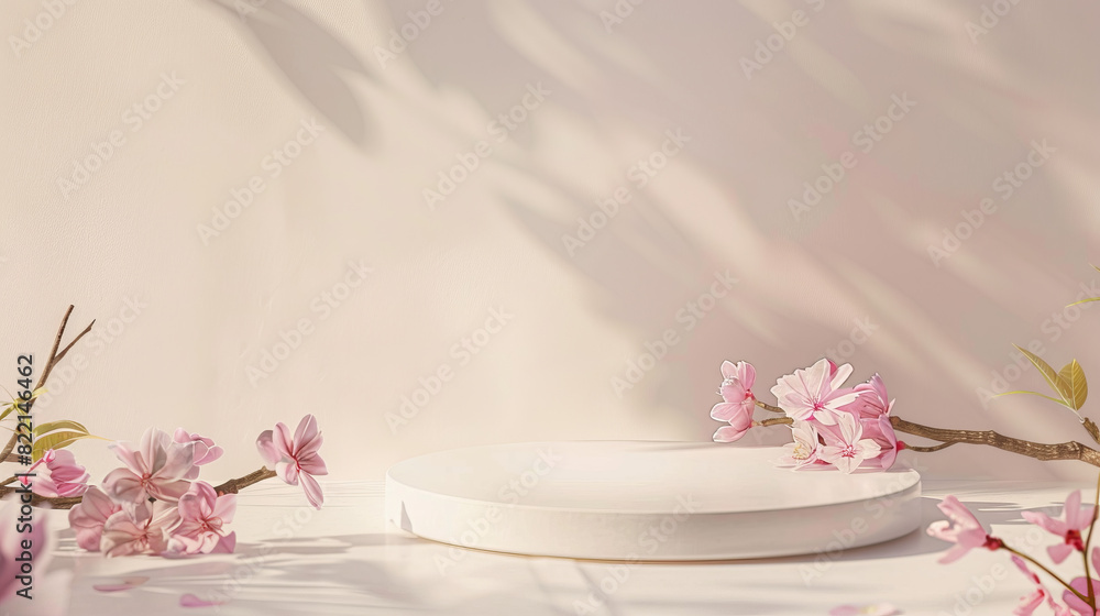 An elegant circular stand surrounded by pink-colored pink flowers on an off-white background with soft lighting An elegant circular stand surrounded by pink-colored pink flowers on an off-white background with soft lighting
