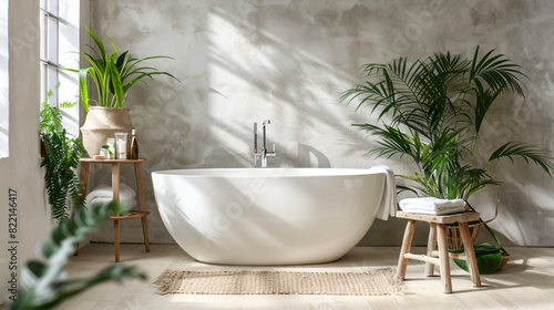 Stylish bathroom interior with beautiful tub stool and