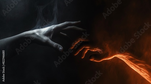 Two hands, one shaded in cool blue and the other in warm orange, point towards each other against a dark background, symbolizing contrast and connection.