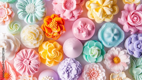 A collection of colorful bath bombs shaped like flowers