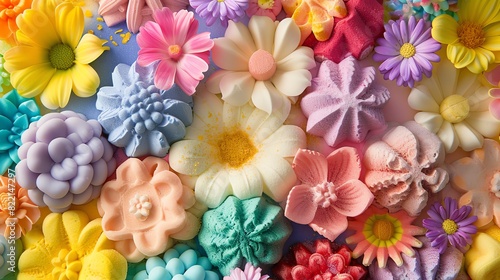 A collection of colorful bath bombs shaped like flowers