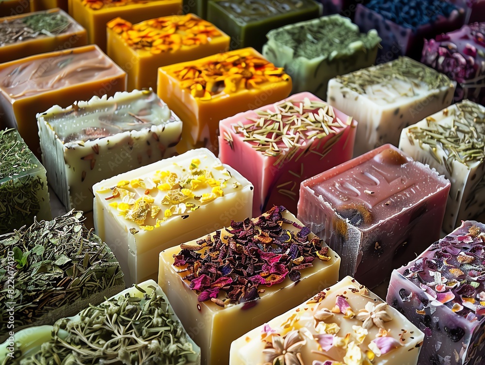 A collection of handmade, allnatural soaps with dried herbs A collection of handmade, allnatural soaps with dried herbs
