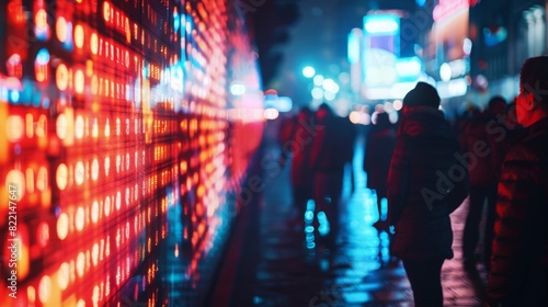 A line of faceless individuals standing in front of a digital billboard watching as the numbers for a new crypto crowdfunding project continue to climb.