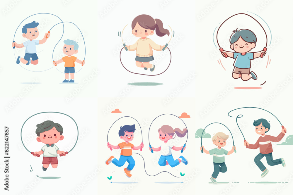 Happy children jump rope flat icons set. Leisure time for boys and girls. Sport and outdoor activity.