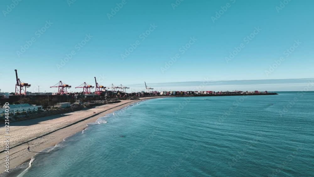 Aerial view of Port Beach with industrial cranes and containers, Fremantle, Western Australia, Australia. Aerial view of Port Beach with industrial cranes and containers, Fremantle, Western Australia, Australia.