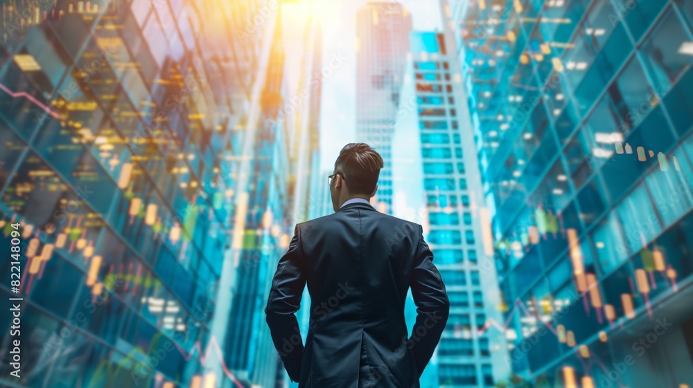 Fototapeta premium Business professional admiring tall skyscrapers during sunset in downtown financial district.