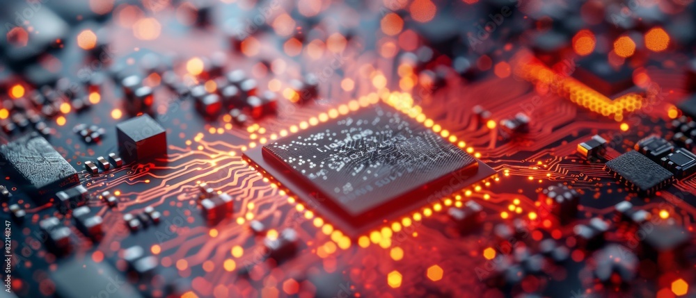 Fototapeta premium Close Up of a Circuit Board With Red and Yellow Lights