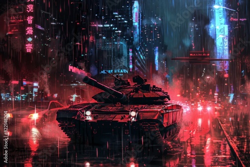 A neon-noir illustration of an Military tank M1 Abrams patrolling a rain-slicked city street at night