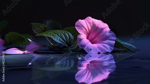 Beautiful Purple Fuchsia flowers, resting on a mirror with a solid black background