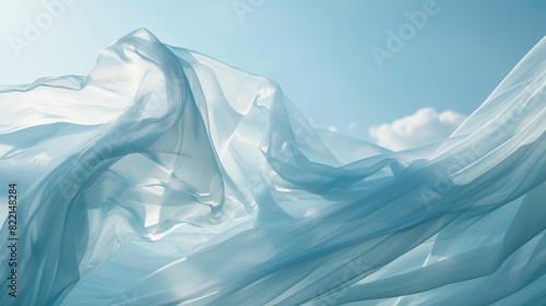 a soft translucent blue fabric against the sky flutters in the wind