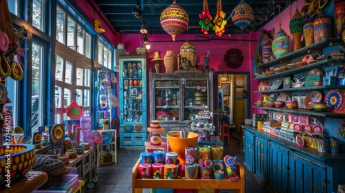 Eclectic vintage shop interior with colorful decorations and merchandise photo