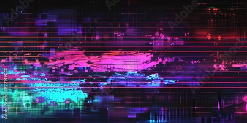 Futuristic glitch art with vibrant neon colors and digital abstract patterns  retro vhs scanlines or tv signal static noise overlay pattern television screen or video game pixel glitch damage  
