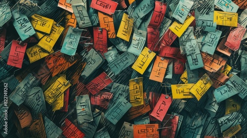 Overhead view of a colorful assortment of tea packets cluttered together, vibrant and textured.