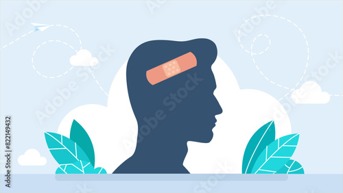 First aid concept. Psychological support. Silhouette head human with band-aid. Face after a fight, bruises and contusion. Man with brutally beaten face, physical violence. Vector illustration