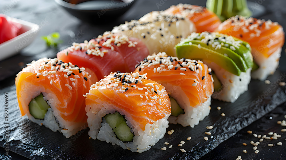 Assorted Sushi Rolls with Salmon, Tuna, and Avocado on Slate Plate - Generative AI Assorted Sushi Rolls with Salmon, Tuna, and Avocado on Slate Plate - Generative AI