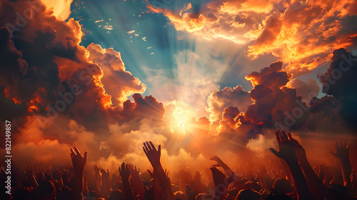 Crowd Rejoicing Under Radiant Sunset Clouds - Generative AI photo