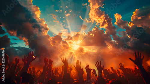 Crowd Reaching Up to Sunset Sky - Generative AI