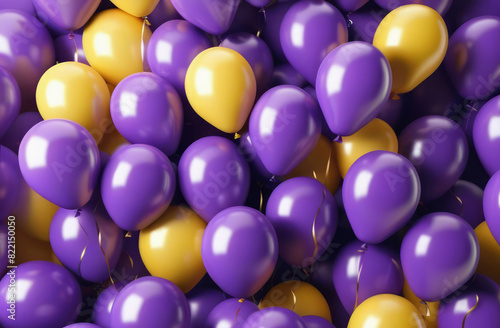 Yellow, violet air balloons, studio background with copy space.
