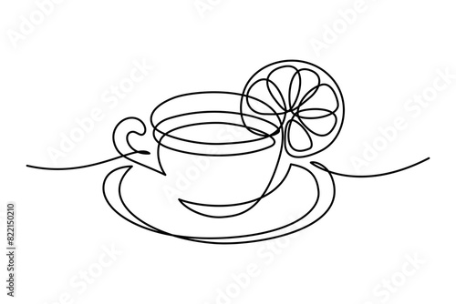 Tea cup in continuous line art drawing style. Tea drink with lemon slice. Black linear design isolated on white background. Vector illustration