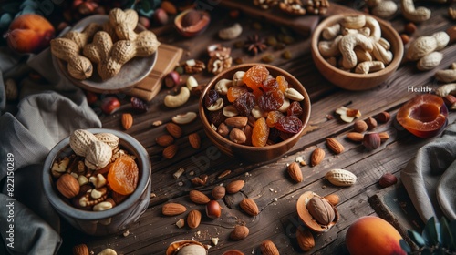 Assorted Nuts and Dried Fruits in Wooden Bowls on Rustic Table © Tirawat