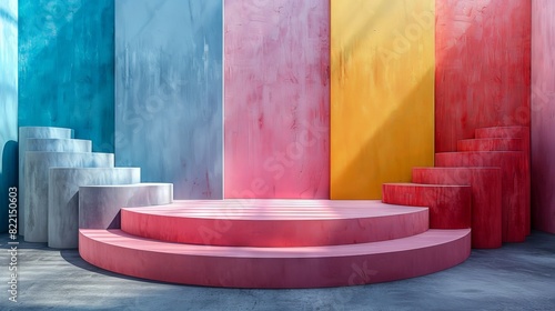 A creative podium arrangement featuring a series of staggered platforms in a dynamic composition. The backdrop is a solid color, providing a simple and clean setting that draws attention to the