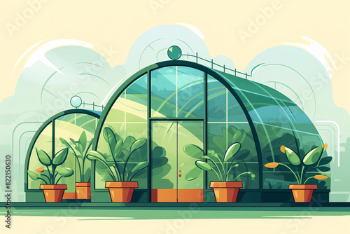 A digital illustration of a greenhouse. The greenhouse is made of glass and has a curved roof. There are plants growing inside the greenhouse.