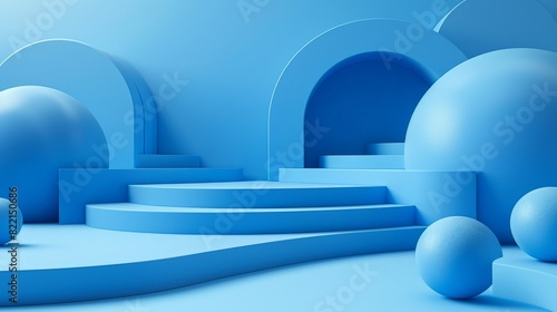 A creative podium illustration with a series of interconnected platforms in a dynamic composition. The backdrop is a solid color, emphasizing the product and creating a visually appealing