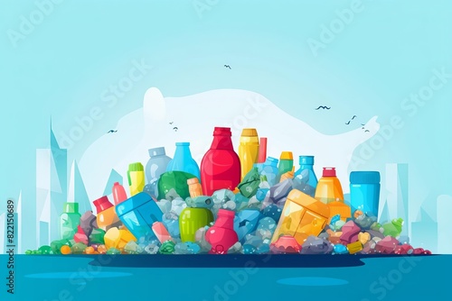 An illustration of a large pile of colorful plastic bottles and other trash on a beach, with the ocean in the background. The trash is shaped like a large animal.