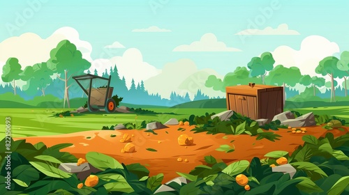 Cartoon landscape with a wooden chest, a cart, and rocks on a dirt path.