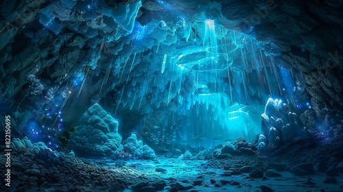 Mystical blue glow illuminates an icy cave with hanging icicles and rock formations.