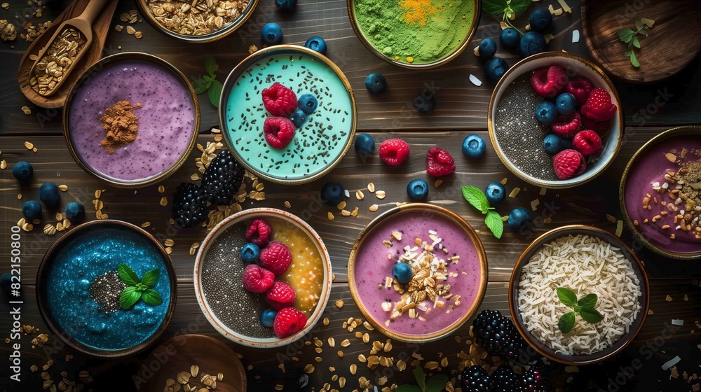 Colorful Smoothie Bowls with Fresh Fruits and Nuts Colorful Smoothie Bowls with Fresh Fruits and Nuts