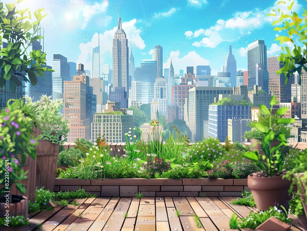 Fototapeta premium A rooftop garden with a view of a cityscape, perfect for creating a calming and serene atmosphere.