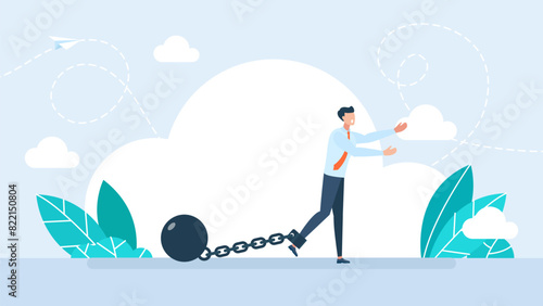 Man walks with a weight chained to his foot. Prisoner with ball on chain. Business burden. Deadline or slave iron. Sad businessman feeling exhausted from overwork and problems. Vector illustration